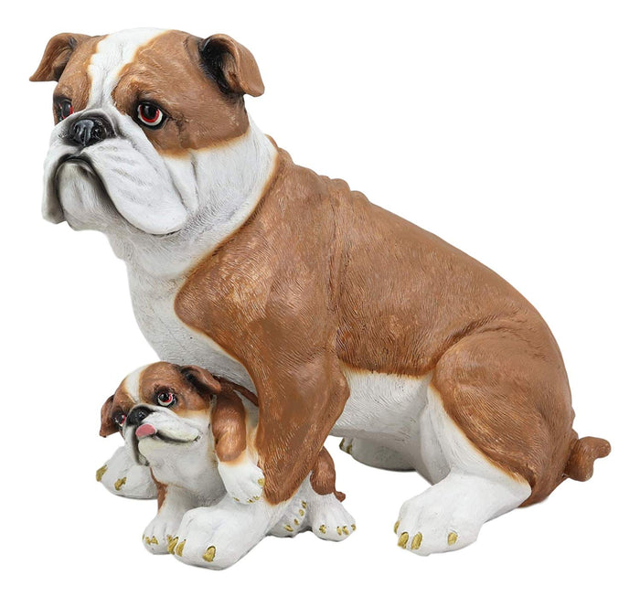 Ebros Realistic Lifelike Bulldog Mother And Puppy Statue 10" Tall Dog Breeds American Bulldogs Figurine Gallery Quality Sculpture With Glass Eyes