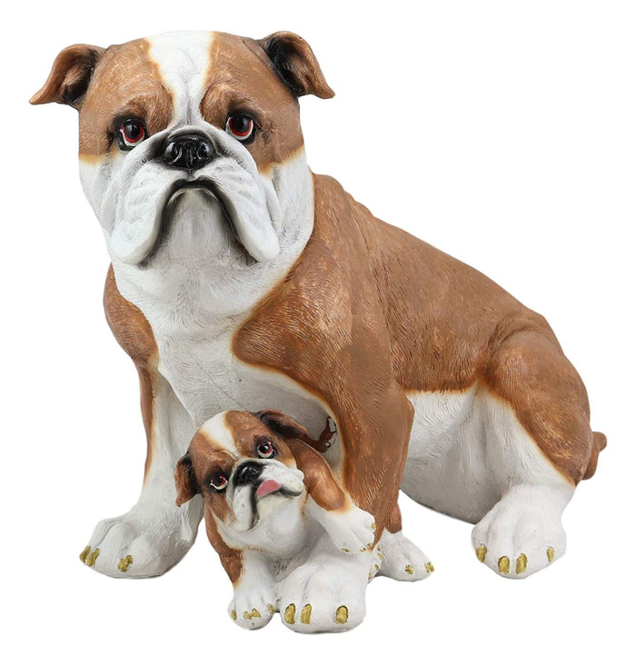 Ebros Realistic Lifelike Bulldog Mother And Puppy Statue 10" Tall Dog Breeds American Bulldogs Figurine Gallery Quality Sculpture With Glass Eyes