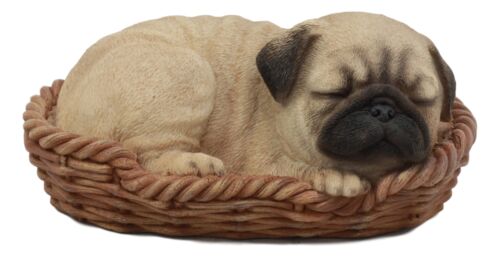 Ebros Realistic Pug Dog Sleeping In Wicker Basket Statue Pet Pal Pugsy Figurine