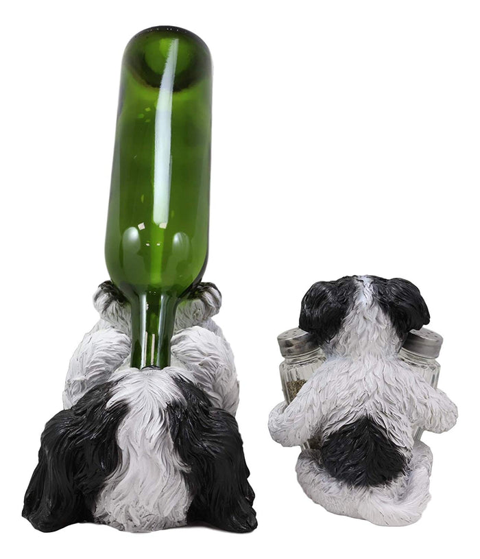 Ebros Realistic Shih Tzu Dog Glass Salt Pepper Shakers & Wine Bottle Holder