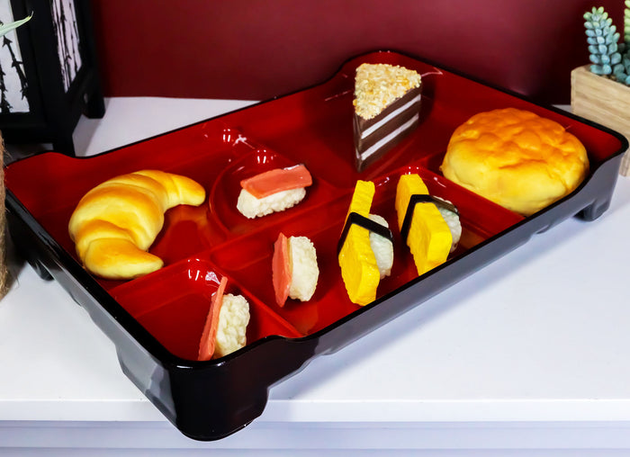 Ebros Red And Black Traditional Japanese Large Bento Box With Dividers 6 Compartments Lacquered Copolymer Plastic Serving Or Display Platter Tray 14" By 9.25" Made In Japan Dining Dinner Serveware (1)