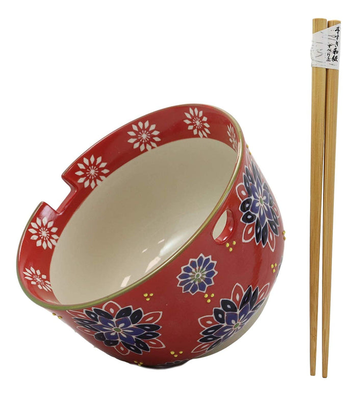 Ebros Red Colorful Divine Flowers Ramen Udon Noodles Large 6.25" Diameter Soup Bowl With Built In Rest And Bamboo Chopsticks Set For Rice Pasta Salad