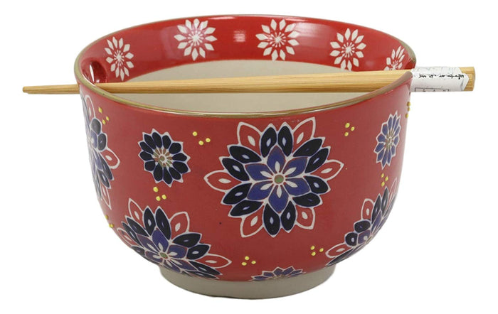 Ebros Red Colorful Divine Flowers Ramen Udon Noodles Large 6.25" Diameter Soup Bowl With Built In Rest And Bamboo Chopsticks Set For Rice Pasta Salad