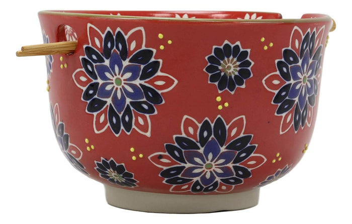 Ebros Red Colorful Divine Flowers Ramen Udon Noodles Large 6.25" Diameter Soup Bowl With Built In Rest And Bamboo Chopsticks Set For Rice Pasta Salad