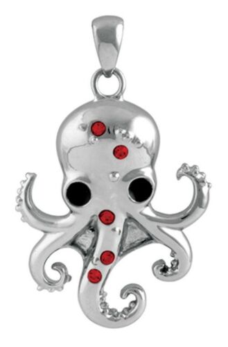 Ebros Red Rhinestone Steampunk Kraken Stainless Steel Necklace Pendant Jewelry