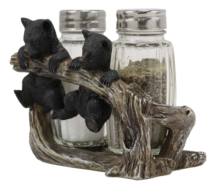 Ebros Rustic 2 Black Bear Cubs On Branch Salt & Pepper Shaker Holder Decor 5" L