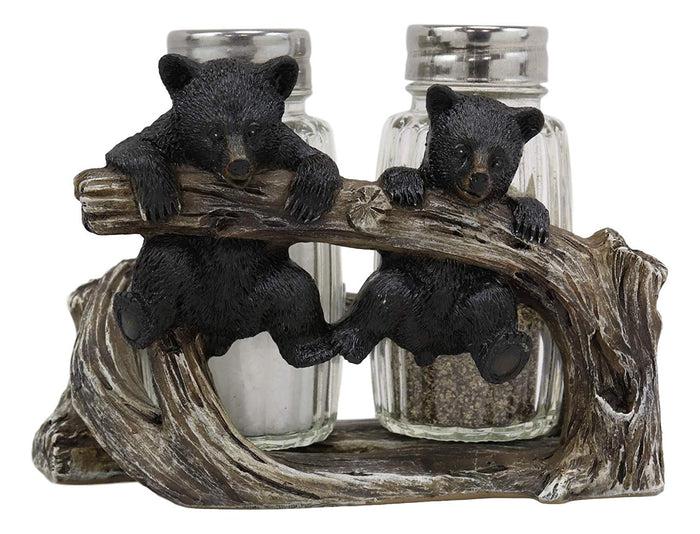 Ebros Rustic 2 Black Bear Cubs On Branch Salt & Pepper Shaker Holder Decor 5" L