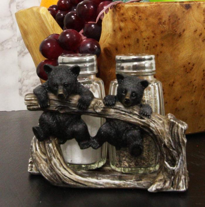 Ebros Rustic 2 Black Bear Cubs On Branch Salt & Pepper Shaker Holder Decor 5" L