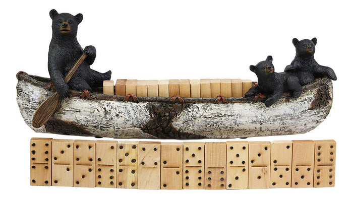 Ebros Rustic 3 Black Bears Family Rowing Canoe Domino Display Set W/ 28 Dominoes