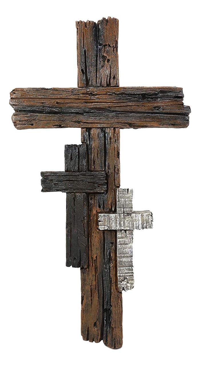 Ebros Rustic 3 Tone Faux Wood Walnut Birch Driftwood Color Wall Cross 16" Tall