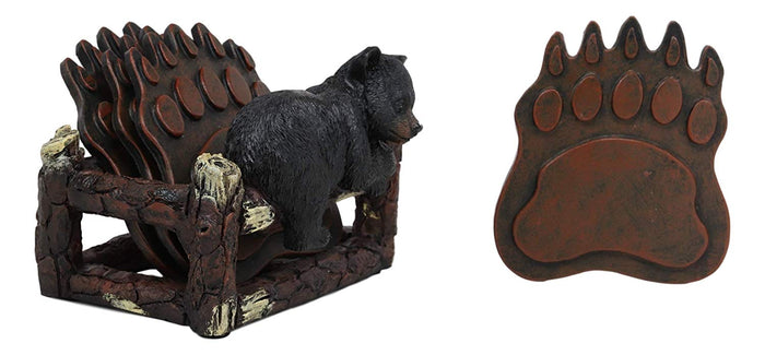 Ebros Rustic Black Bear Cub On Tree Branch Coaster Set W/ 4 Bear Paws 4.5"W