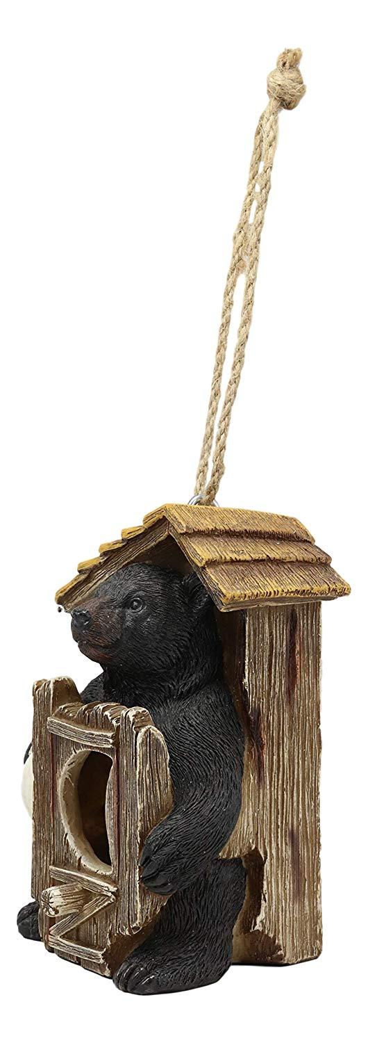 Ebros Rustic Black Bear Hut By Birdhouse Bird Feeder Hanger With Jute Strings