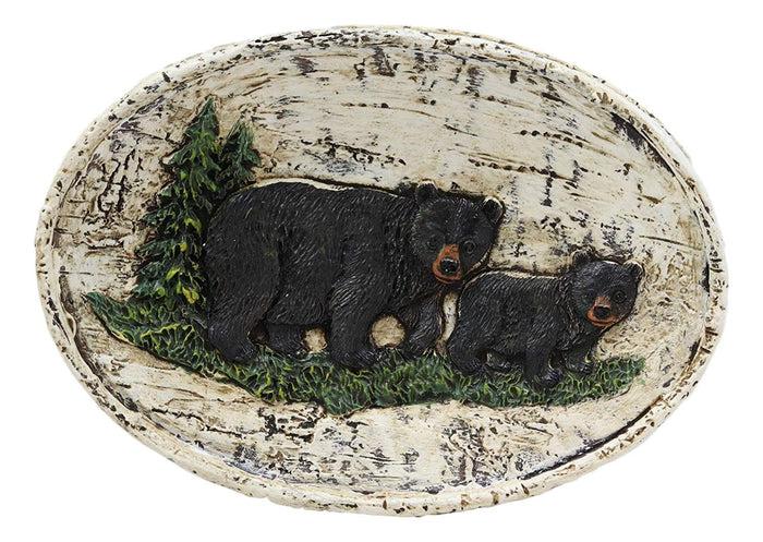 Ebros Rustic Black Bear In Pine Tree Bathroom Bar Soap Dish W/ Birch Wood Finish