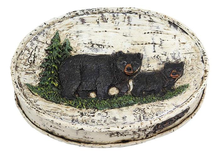 Ebros Rustic Black Bear In Pine Tree Bathroom Bar Soap Dish W/ Birch Wood Finish