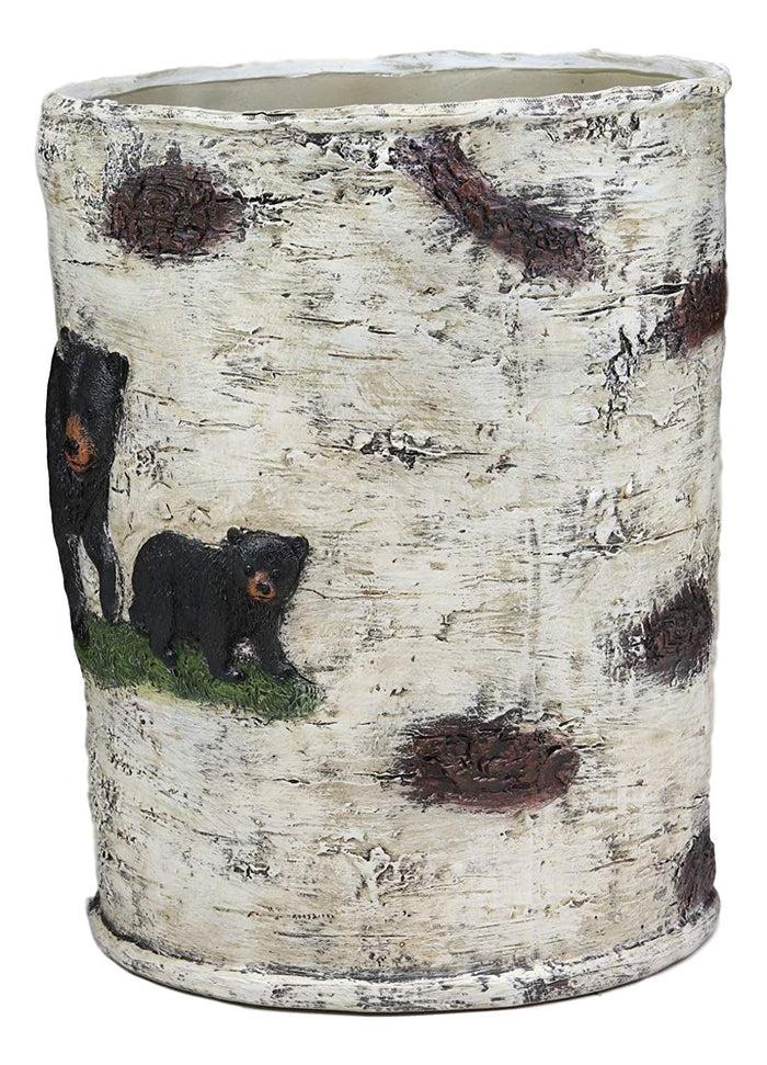 Ebros Rustic Black Bear In Pine Trees Forest Birch Finish Trash Waste Bin Decor