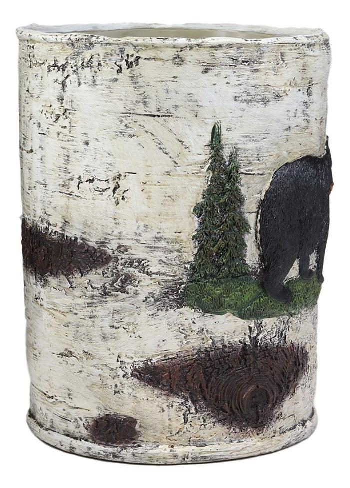 Ebros Rustic Black Bear In Pine Trees Forest Birch Finish Trash Waste Bin Decor