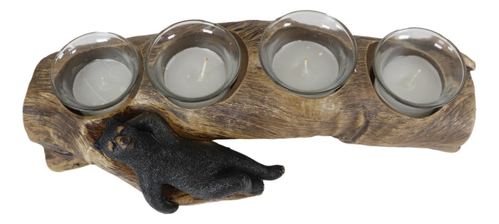Ebros Rustic Black Bear Sleeping On Log With 4 Votive Candles Holder Figurine 12"Long