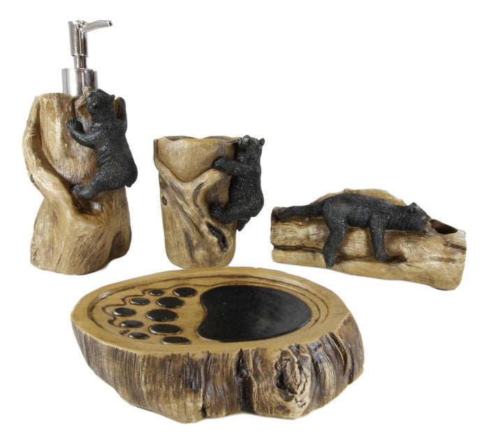 Ebros Rustic Black Bears Climbing Logs Bathroom Vanity Set Of 4 Soap Dish Pump Cup