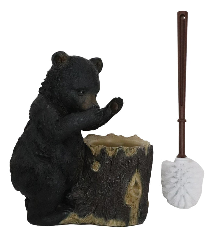 Ebros Rustic Cabin Lodge Decor Whimsical Black Bear Forest Stinky Potion Toilet Brush And Tree Stump Base Holder Bathroom Gift 2 Piece Set
