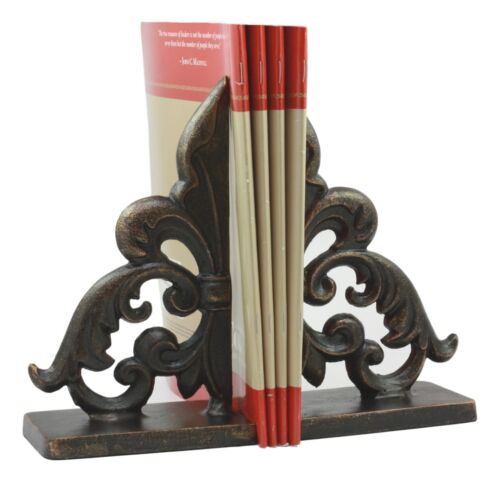 Ebros Rustic Cast Iron Ornate Fleur De Lis Bookends Set Statue 8.5" Tall In Faded Bronze Antique Finish 6.25" H French Royal Stylized Lily Decorative Office Study-Room Library Desktop Decor Figurines