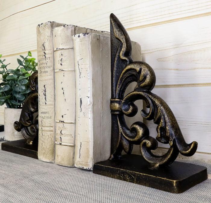Ebros Rustic Cast Iron Ornate Fleur De Lis Bookends Set Statue 8.5" Tall In Faded Bronze Antique Finish 6.25" H French Royal Stylized Lily Decorative Office Study-Room Library Desktop Decor Figurines