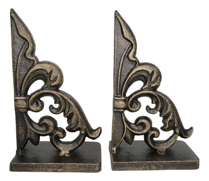 Ebros Rustic Cast Iron Ornate Fleur De Lis Bookends Set Statue 8.5" Tall In Faded Bronze Antique Finish 6.25" H French Royal Stylized Lily Decorative Office Study-Room Library Desktop Decor Figurines
