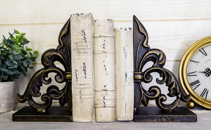 Ebros Rustic Cast Iron Ornate Fleur De Lis Bookends Set Statue 8.5" Tall In Faded Bronze Antique Finish 6.25" H French Royal Stylized Lily Decorative Office Study-Room Library Desktop Decor Figurines