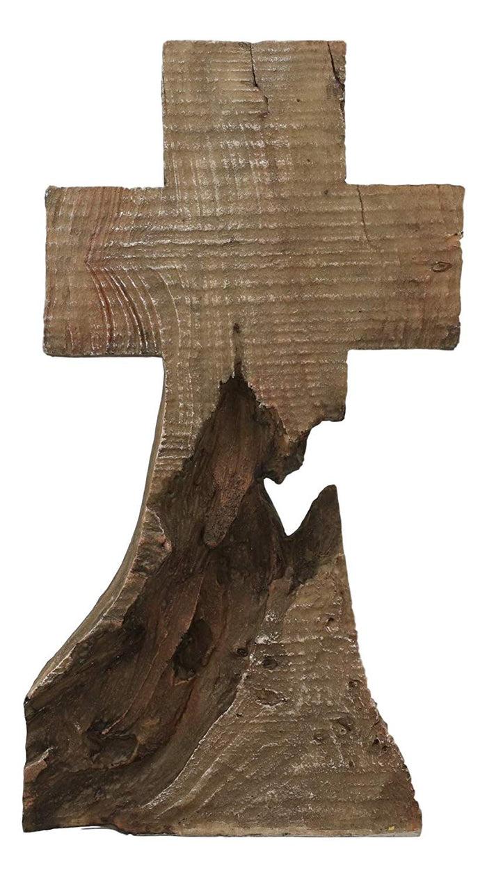 Ebros Rustic Distressed Wood Trunk Root Cross On The Mountain Sculpture 11.75" H