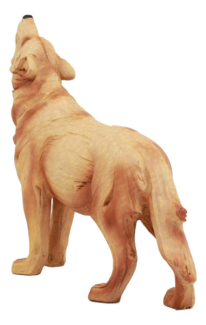 Ebros Rustic Faux Wood Resin Forest Full Moon Howling Gray Wolf Figurine Decor Statue