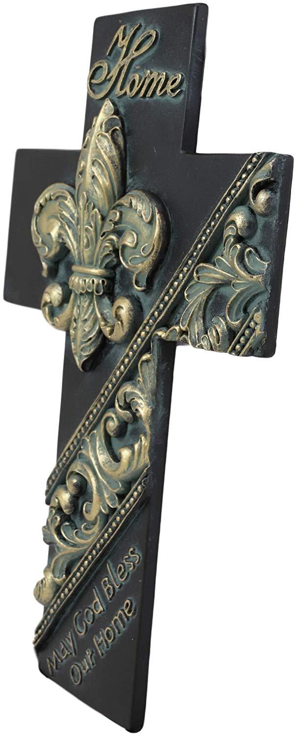 Ebros Rustic Fleur De Lis With Tuscan Scroll Art May God Bless Our Home Wall Cross 10" Tall