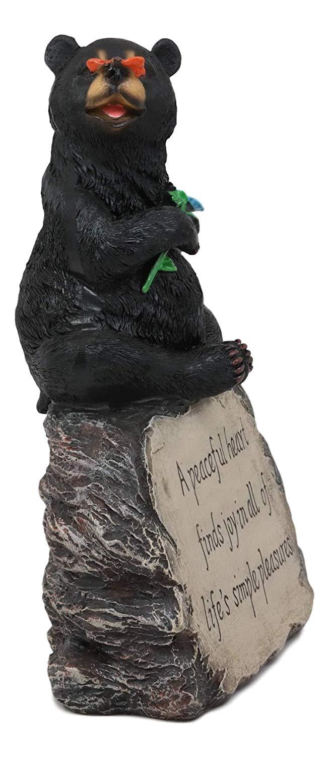 Ebros Rustic Forest Happy Heart Black Bear Sitting On Inspirational Rock Figurine With Life's Simple Pleasures Sayings Quote Whimsical Woodland Bears Animal Decor Statue