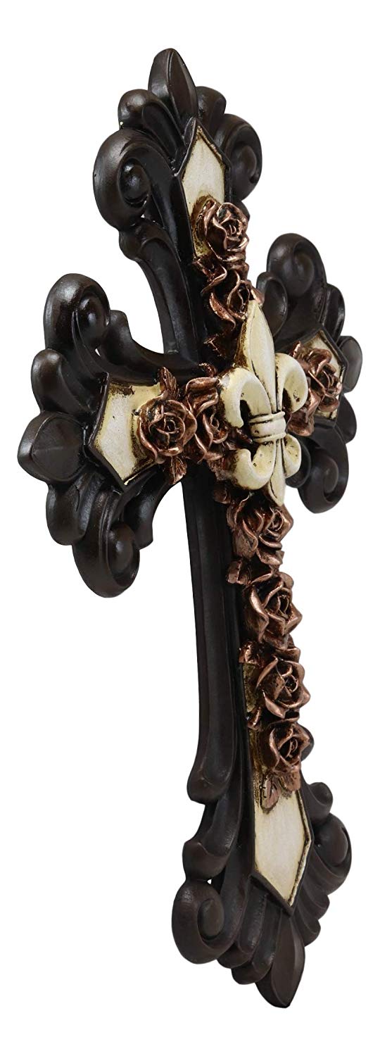 Ebros Rustic Southwest Fleur De Lis On Faux Bronze Roses With Tuscan Scroll Art Wall Cross Decor Plaque Vintage Scrollwork Hanging Sculpture 14.5" Tall Catholic Christian Accent Decorative Crosses