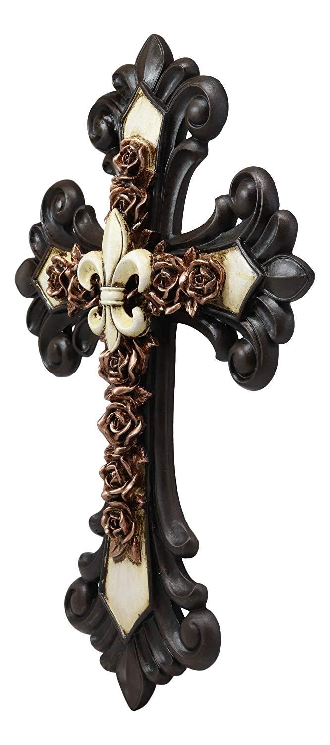 Ebros Rustic Southwest Fleur De Lis On Faux Bronze Roses With Tuscan Scroll Art Wall Cross Decor Plaque Vintage Scrollwork Hanging Sculpture 14.5" Tall Catholic Christian Accent Decorative Crosses