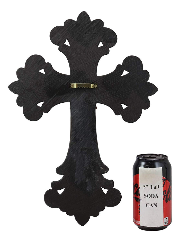 Ebros Rustic Southwest Fleur De Lis On Faux Bronze Roses With Tuscan Scroll Art Wall Cross Decor Plaque Vintage Scrollwork Hanging Sculpture 14.5" Tall Catholic Christian Accent Decorative Crosses