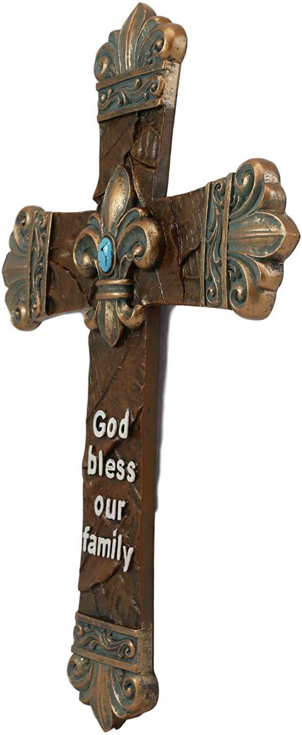 Ebros Rustic Southwest Fleur De Lis With Turquoise Gem Tuscan Scroll Art Cross