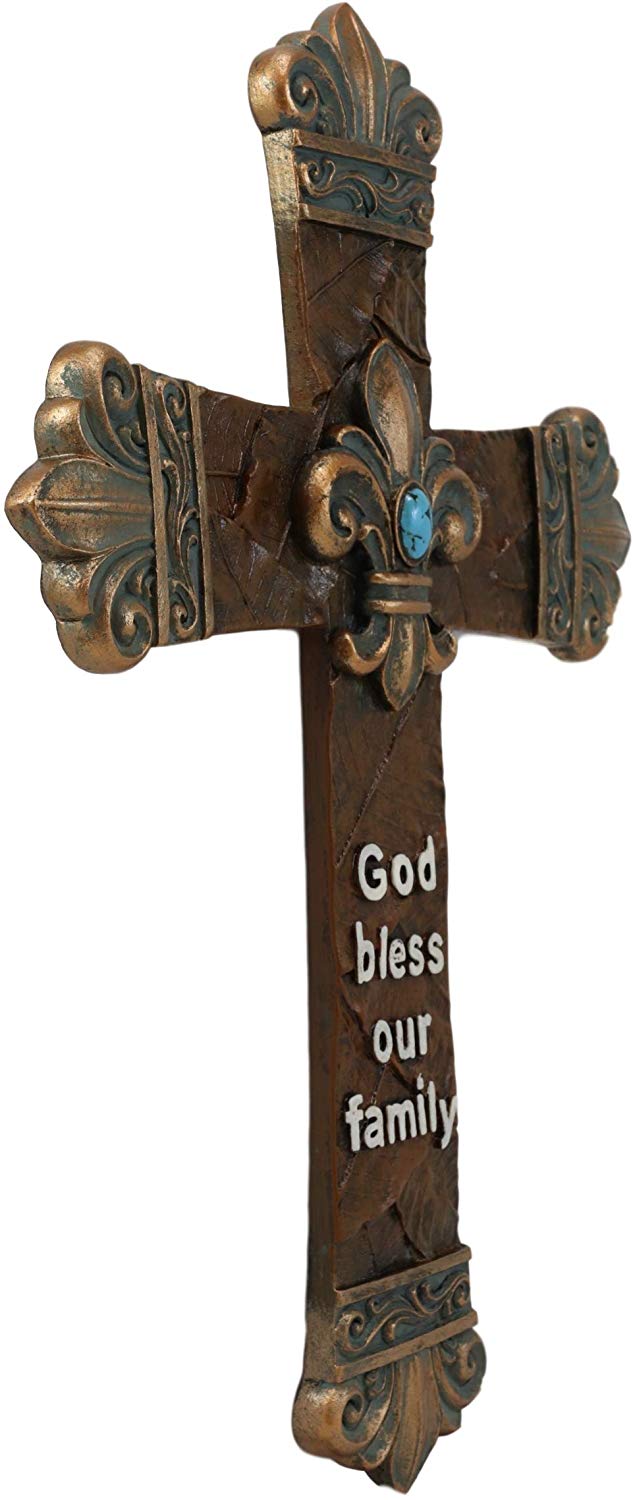 Ebros Rustic Southwest Fleur De Lis With Turquoise Gem Tuscan Scroll Art Cross