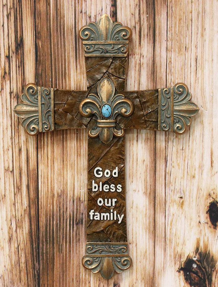 Ebros Rustic Southwest Fleur De Lis with Turquoise Gem Tuscan Scroll Art Cross