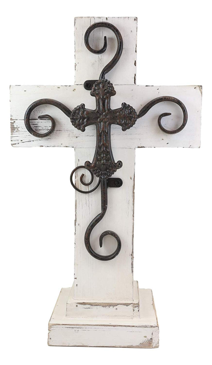 Ebros Rustic Standing Cross Statue With Iron Metal Scroll Fleury Cross 16.25" H