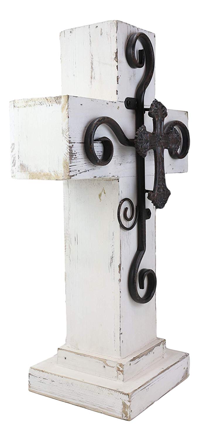 Ebros Rustic Standing Cross Statue With Iron Metal Scroll Fleury Cross 16.25" H