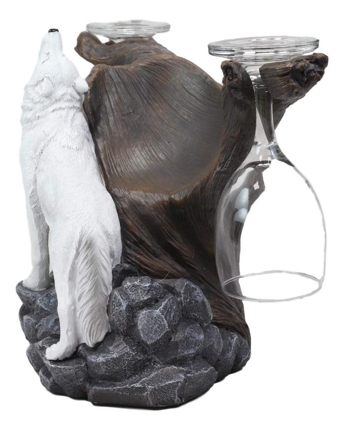 Ebros Rustic Tundra Woodlands Howling Arctic White Snow Wolf Wine Valet Statue As Bottle And 2 Glasses Holder 9.5" Wide Spirit Totem Full Moon Direwolf Timberwolf Decor Caddy Organizer Sculpture