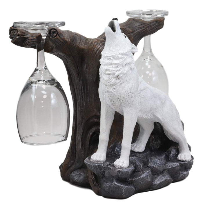 Ebros Rustic Tundra Woodlands Howling Arctic White Snow Wolf Wine Valet Statue As Bottle And 2 Glasses Holder 9.5" Wide Spirit Totem Full Moon Direwolf Timberwolf Decor Caddy Organizer Sculpture