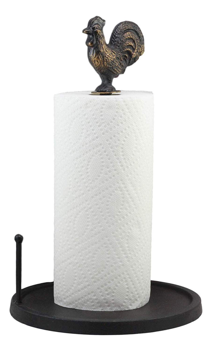 Ebros Rustic Vintage Cast Iron Rooster Paper Towel Holder Stand 20"Tall Kitchen Bathroom Home Decor Accent