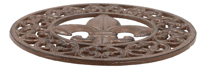 Ebros Rustic Vintage Design Round Fleur De Lis Medallion Cast Iron Trivet 10"Diameter