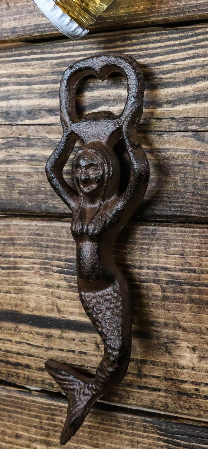 Ebros Rustic Vintage Heavy Duty Cast Iron Metal Nautical Coastal Goddess Siren Mermaid Soda Beer Bottle Cap Opener 7" High Mermaids Under The Sea Party Decor Accent (4)