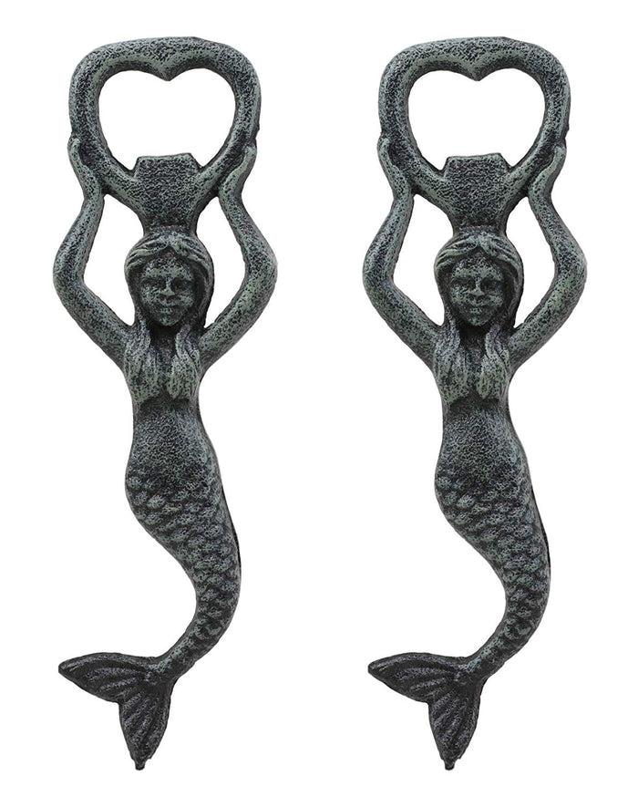 Ebros Rustic Vintage Verdigris Cast Iron Metal Nautical Coastal Goddess Siren Mermaid Soda Beer Bottle Cap Opener 7.5" High Mermaids Under The Sea Party Decor Accent (2)