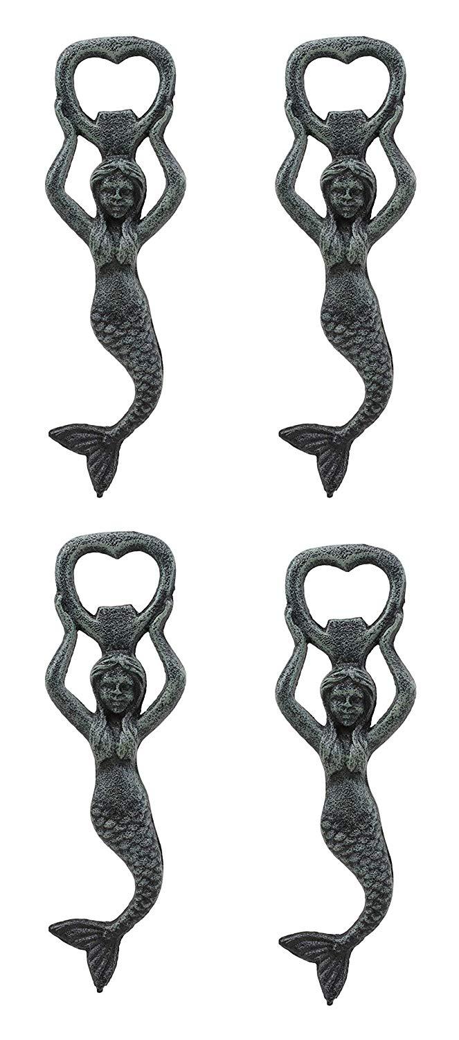 Ebros Rustic Vintage Verdigris Cast Iron Metal Nautical Coastal Goddess Siren Mermaid Soda Beer Bottle Cap Opener 7.5" High Mermaids Under The Sea Party Decor Accent (4)