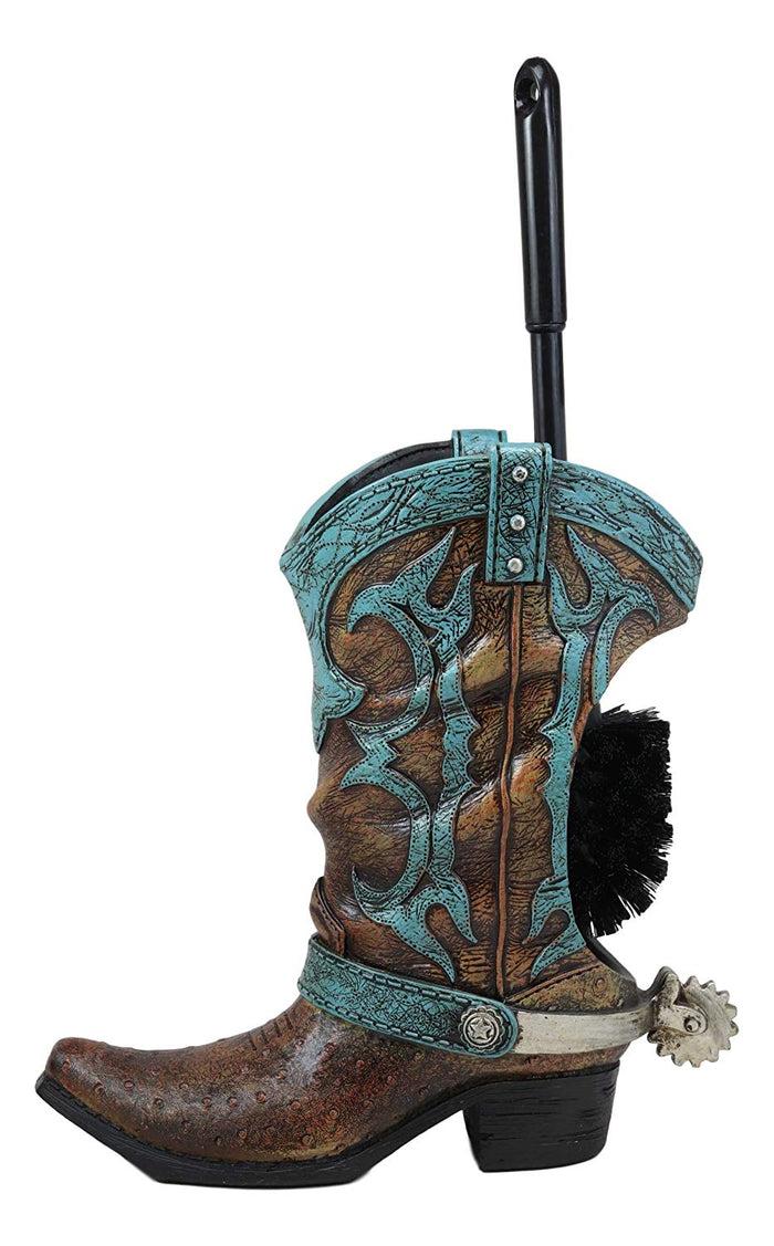 Ebros Rustic Vintage Western Turquoise Faux Leather Cowboy Boot With Spur Toilet Bowl Cleaner Brush And Base Holder 16.5" Tall Bathroom Gift 2 Piece Set Cowboys Cowgirls Boots Accent Decor