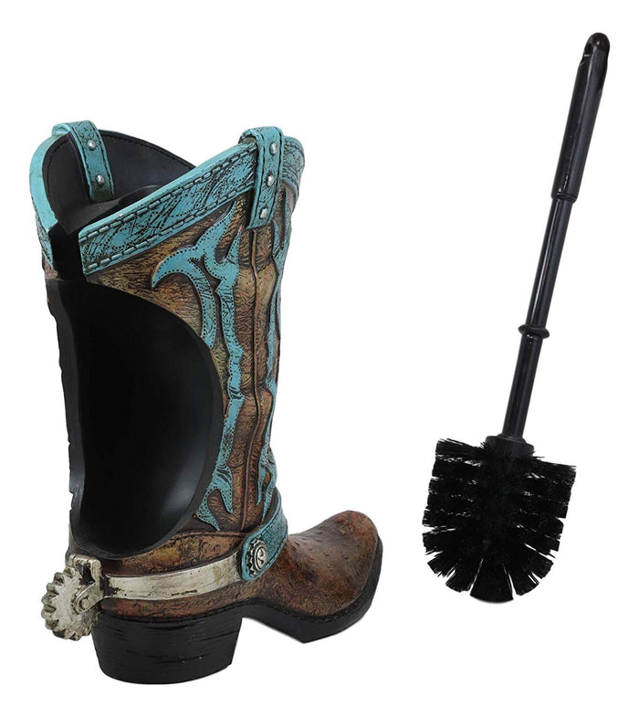 Ebros Rustic Vintage Western Turquoise Faux Leather Cowboy Boot With Spur Toilet Bowl Cleaner Brush And Base Holder 16.5" Tall Bathroom Gift 2 Piece Set Cowboys Cowgirls Boots Accent Decor