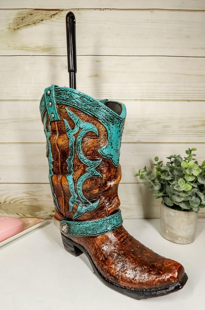 Ebros Rustic Vintage Western Turquoise Faux Leather Cowboy Boot With Spur Toilet Bowl Cleaner Brush And Base Holder 16.5" Tall Bathroom Gift 2 Piece Set Cowboys Cowgirls Boots Accent Decor