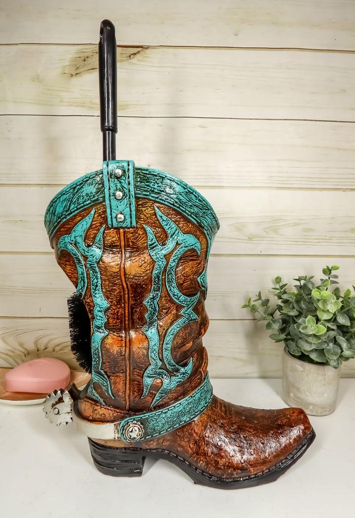Ebros Rustic Vintage Western Turquoise Faux Leather Cowboy Boot with Spur Toilet Bowl Cleaner Brush and Base Holder 16.5" Tall Bathroom Gift 2 Piece Set Cowboys Cowgirls Boots Accent Decor